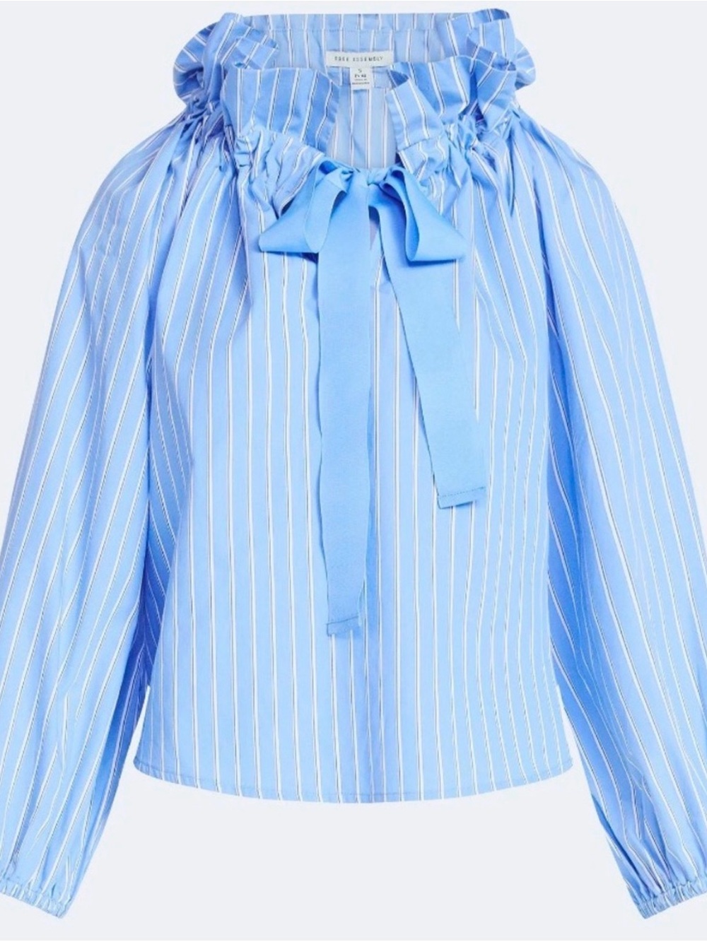 Light Blue Striped Ruffle-Neck Tie Blouse - Women